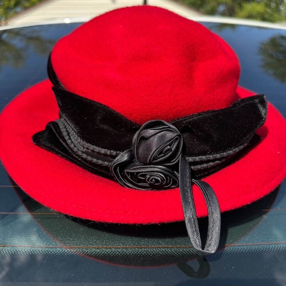 Vintage Galliano Sorbatti Red Fedora Felt Hat 100% Wool Black Bow Made In Italy